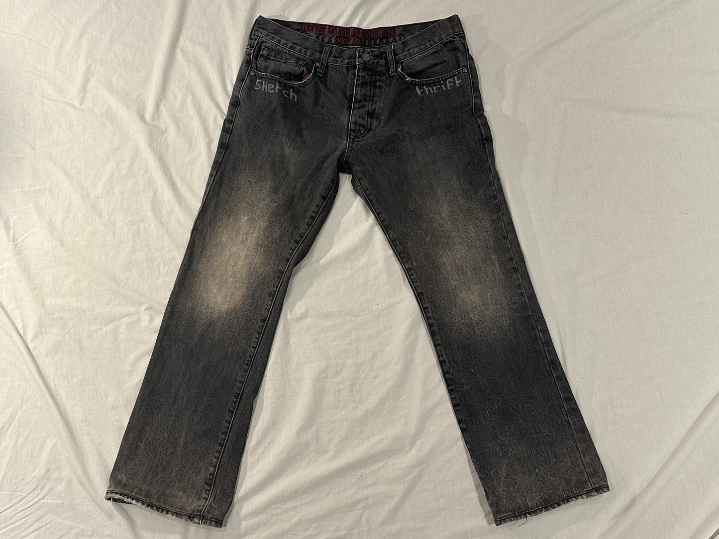 Sketch Custom United Colors of Benetton Jeans (Size 34) - Grey - Bootleg Jeans with Custom Acid Wash & Paint